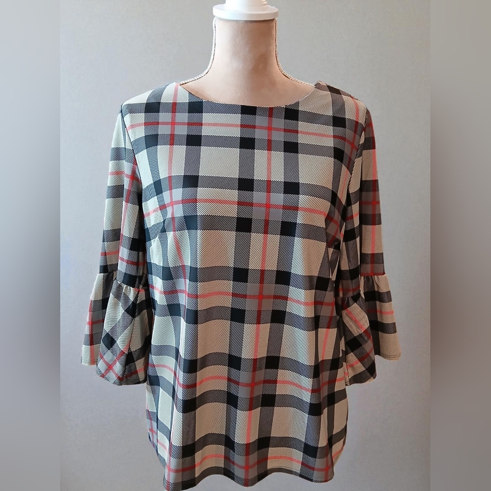 Jude Connelly Bell Sleeve Plaid Blouse Womans Large Black Grey Minimalist